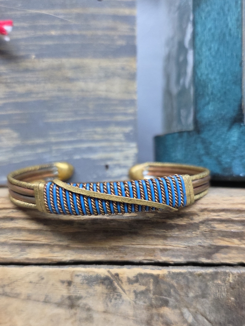 Vintage West African Woven Wire Cuff Bracelet - Boho Brass & Blue